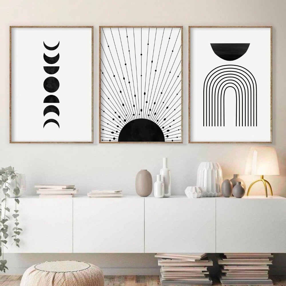 Black and White Sun Moon Phases Wall Frame Set of 3 – Wall Dazzle